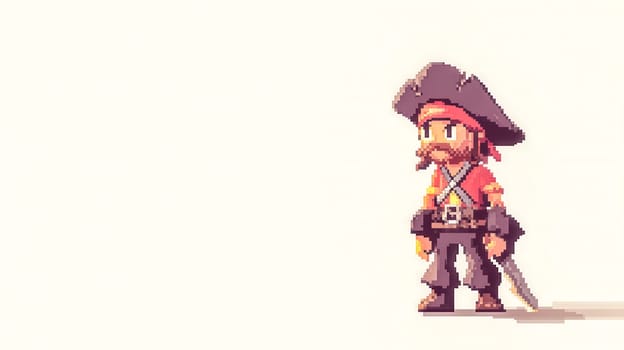 Pixel art pirate character wearing a bandana and holding a sword. This retro, 8 bit style buccaneer is ready for adventure