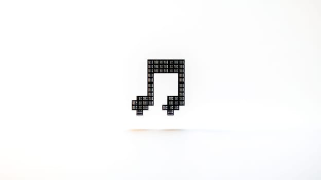 Stylized eighth note formed by pixel art is floating on a white background, representing digital music and audio production