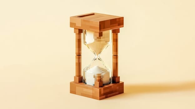 Pixelated hourglass symbolizes time passing in a digital world, evoking nostalgia and urgency on a yellow background