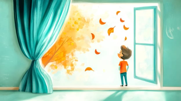 Boy watches colorful autumn leaves fall from a window, lost in wonder and imagination. The cozy indoor setting adds warmth to this serene scene