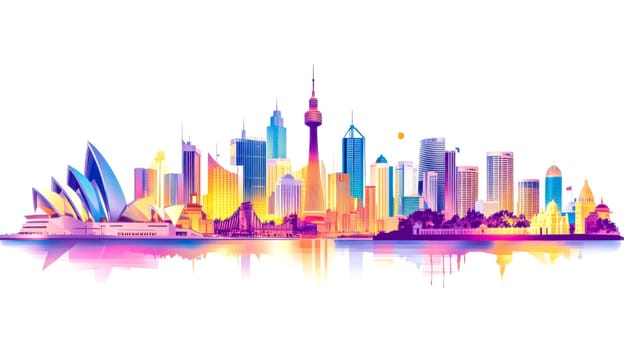 Explore city's vibrant skyline with iconic landmarks reflected in tranquil waters, perfect for adding art and design to any project