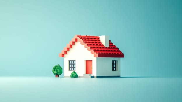Charming pixel art house against a serene blue background, perfect for real estate and architecture themes