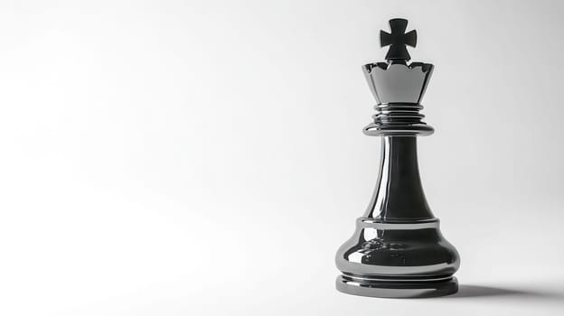 Chrome king chess piece is standing on a white background, representing strategy, power, and leadership. The image evokes a sense of luxury and sophistication