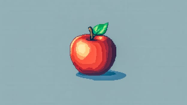 Retro pixel art apple on blue background, evoking old video games. Vibrant red fruit symbolizes health and freshness