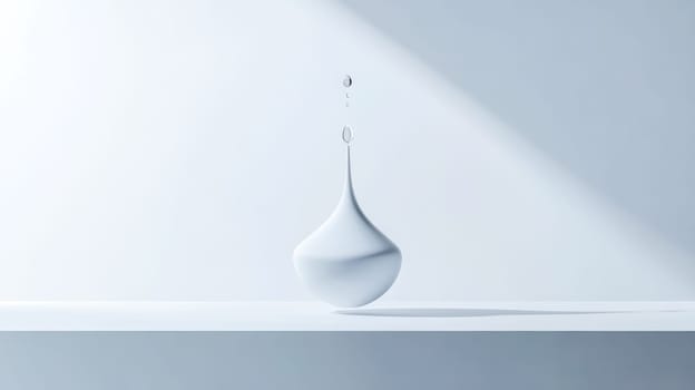 White droplet shape is balancing on a surface with a soft light casting on it from the left side, creating a serene and minimalist composition