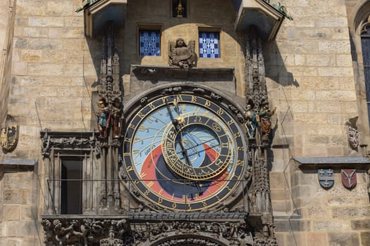 Prague, Czech Republic - September 4, 2024: Prague astronomical clock (Prague Orloj) on facade of Town Hall in Town Square