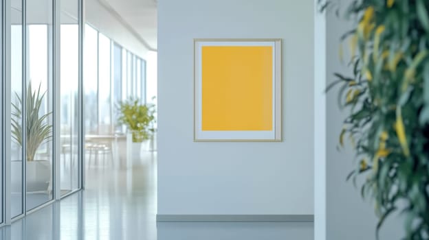 Modern and bright office interior is showing an empty frame hanging on a wall, perfect for displaying your message or design