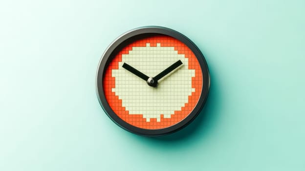 Pixelated clock is showing the time passing on a turquoise background. This image evokes the concepts of time, technology and nostalgia