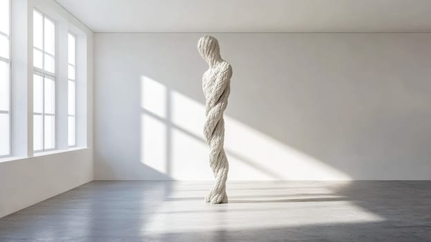White modern art sculpture resembling a human figure is standing in a large bright empty gallery room with sunlight shining through the windows