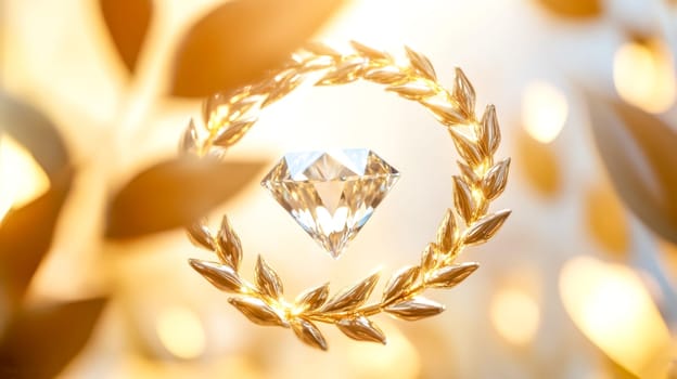 Sparkling diamond surrounded by a golden laurel wreath symbolizes victory and luxury, exuding wealth and success