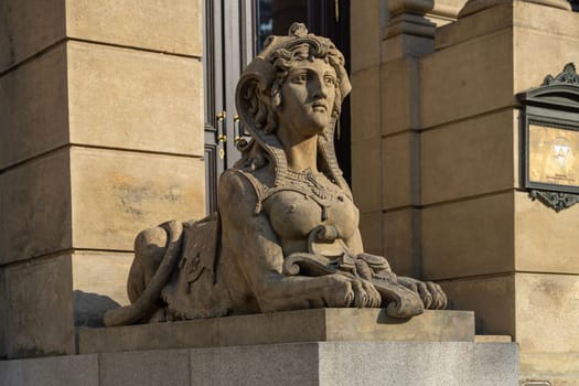 Prague, Czech Republic - September 4, 2024: Sculpture on facade of neo-renaissance building of Rudolfinum, currently the home of Czech Philharmonic Orchestra. It is located on Jan Palach Square