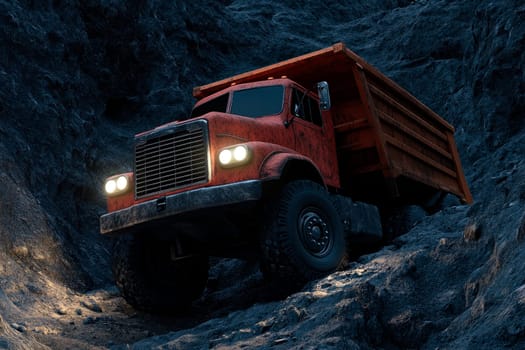 An orange dump truck, mining transportation. AI generated