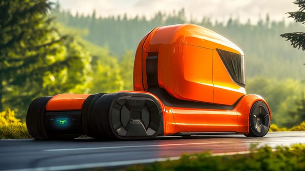 An orange futuristic semi-trailer truck cab without trailer on a green forest road. AI generated