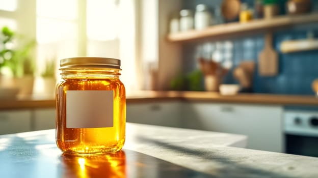 Jar filled with golden honey is standing on a kitchen counter, illuminated by warm sunlight streaming through the window. The jar features a blank label, ready for customization