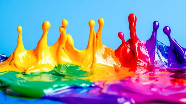 Vibrant rainbow paint splashes on blue backdrop, creating dynamic energy and mesmerizing colors in abstract design. Close up macro shot captures fluid texture and vivid pattern in studio setting