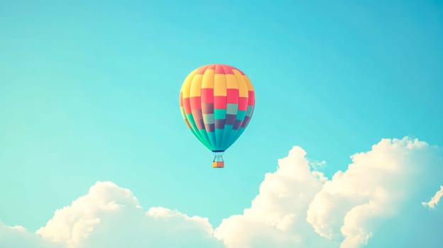 Bright multi colored hot air balloon is floating through a beautiful blue sky with fluffy white clouds, evoking a sense of joy and adventure