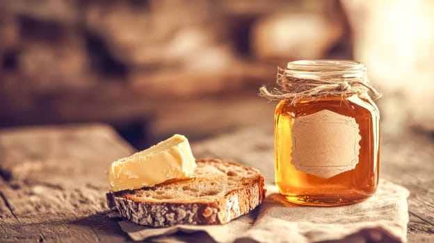Rustic image featuring a jar of golden honey with a blank label, placed next to a slice of bread topped with creamy butter