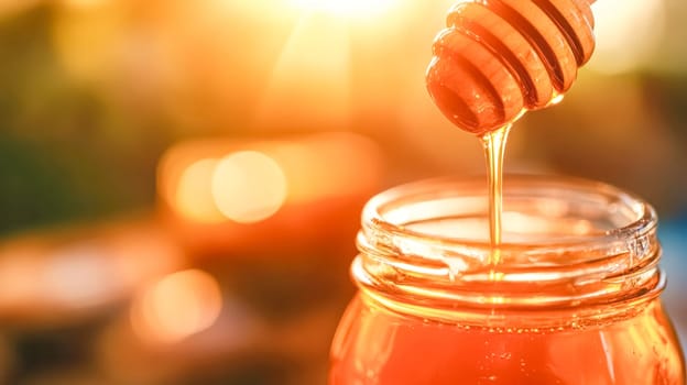 Golden honey is dripping from a wooden honey dipper into a glass jar on a sunny day, with golden bokeh lights in the background. The image evokes feelings of warmth, sweetness, and nature's bounty