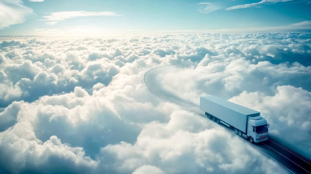 White delivery truck is driving on a winding road in the sky surrounded by fluffy white clouds. This image evokes concepts such as delivery, transport, and logistics