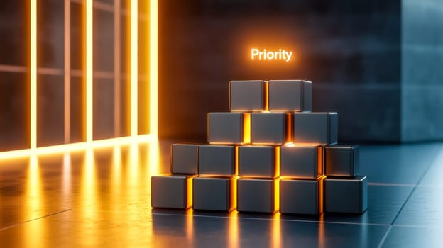 Abstract image representing the concept of priority, visualized with a pyramid made of glowing cubes in a dark environment with orange lights