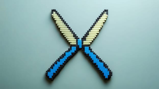 Two pixel art knives are forming an x shape with their blades crossing in the middle, bringing to mind the world of video games
