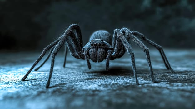 Hairy spider with eight legs crawls in the dark night, its reflective eyes shining eerily. Get close to this creepy arachnid embodying fear and danger