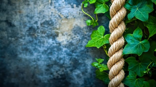 Thick hemp rope hangs on a weathered stone wall with lush green ivy, creating a rustic backdrop perfect for vintage designs