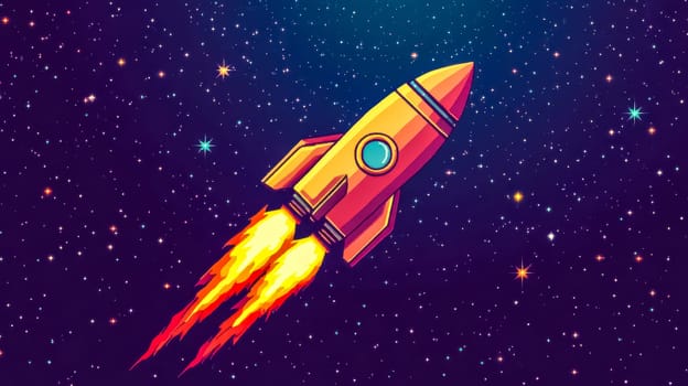 Cartoon rocket ship flies through space, surrounded by twinkling stars, evoking excitement and inspiration for those who dream of the future