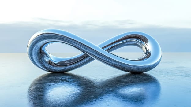 Chrome infinity symbol is reflecting on water surface with a clear sky in the background. This image inspires concepts of infinity, continuity, and endlessness