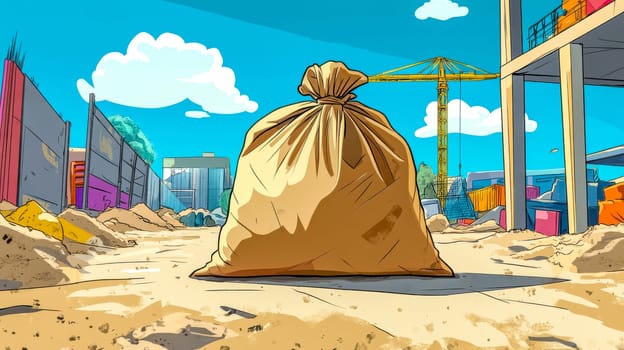 Large bag sitting on a construction site filled with debris, with a crane operating in the background and piles of sand and building materials