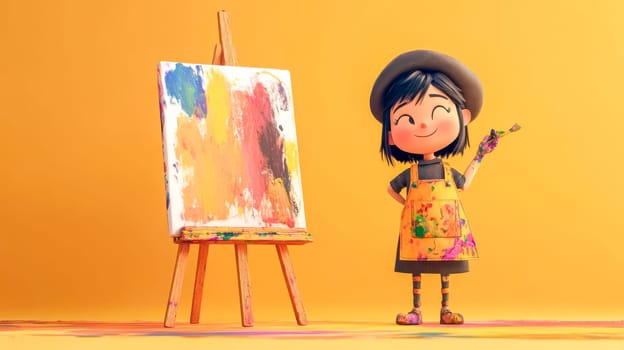 Cute cartoon girl artist proudly presents her vibrant abstract painting in a studio setting, adding a touch of happiness with colorful artwork on canvas