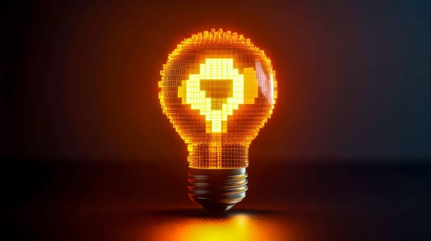 Lightbulb made of illuminated cubes is glowing with a question mark inside, representing the concept of searching for an answer. The warm lighting creates a sense of mystery and intrigue