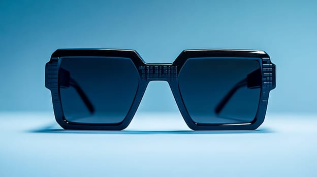 Stylish black sunglasses with tinted lenses on blue background, perfect for summer, offering uv protection and cool sophistication. Ideal for a modern eyewear fashion statement