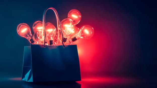 Shopping bag overflowing with glowing light bulbs symbolizing ideas and creativity, standing out against a dark background with vibrant colors