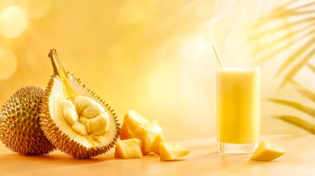 Savor a tropical durian smoothie with fresh fruit, capturing the essence of a sun soaked paradise. Enjoy the sweet pulp packed with vitamins, perfect for a refreshing summer day