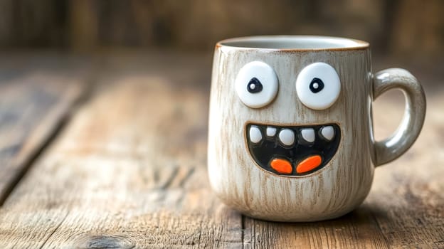 Grey handmade cup with big eyes and a funny smile is standing on a wooden surface. The cup is full of positive energy and ready to make someone's day