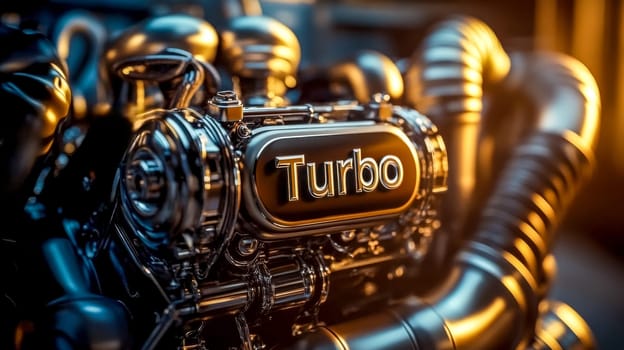 Gleaming turbocharged v8 engine with polished chrome and steel parts is glowing in the warm light of the sunset, showcasing its power and modern design