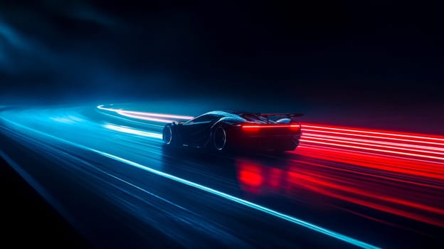 Sleek sports car speeds down a highway at night, leaving vibrant light trails