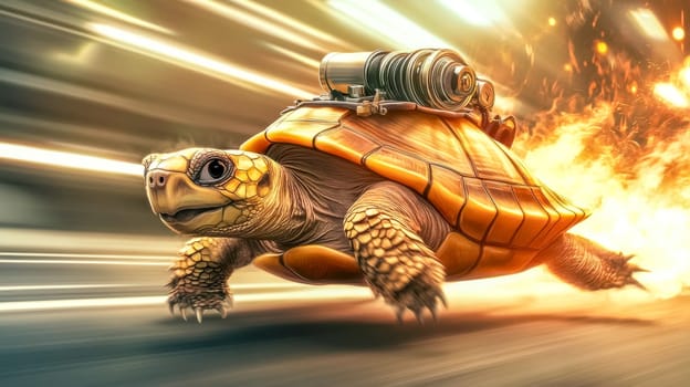 Determined turtle with a rocket engine speeds down a hazy road, leaving a fiery trail behind, blending humor and speed in a futuristic concept