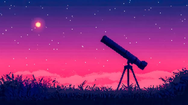 Pixel art illustration of a telescope pointing at the starry sky during a colorful pink and purple sunset, evoking a sense of wonder and exploration
