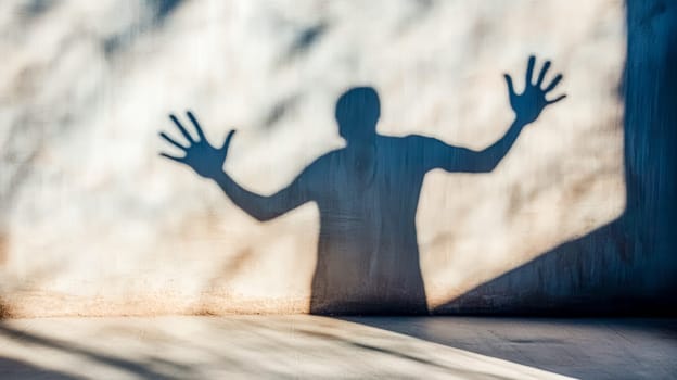 Man stands in front of a textured wall, hands raised, casting a mysterious shadow, creating contrast and evoking fear, hope, and freedom