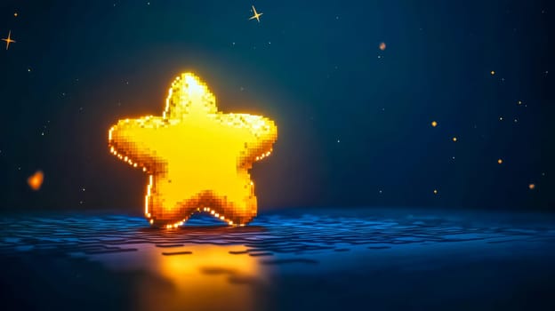 Mesmerizing pixel art star shines brightly on a serene blue background. With twinkling lights in the distance. Capturing the essence of a peaceful night and symbolizing hope. Success