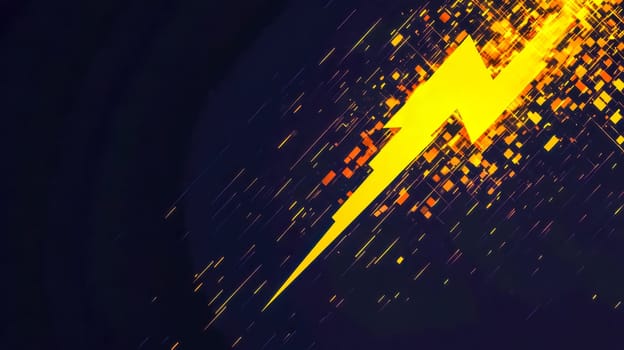 Bright yellow lightning bolt is surrounded by digital squares and streaks of light, creating a sense of energy and movement. The dark background adds to the dramatic effect