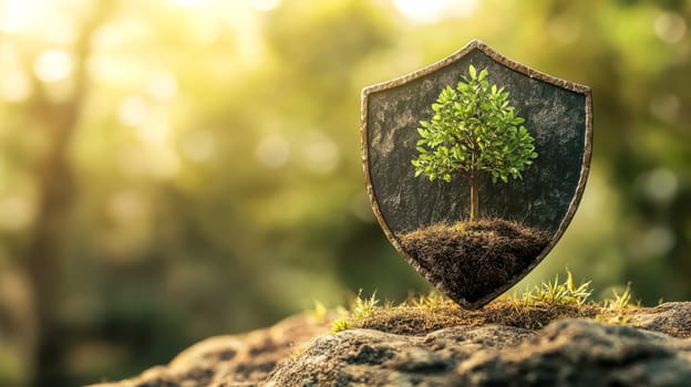 Shield protecting a growing tree is representing the concept of environmental protection and sustainability. The image evokes a sense of hope and responsibility towards nature