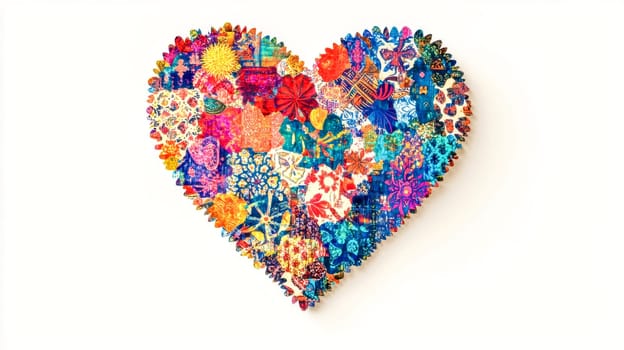Heart shape made from recycled fabric scraps is laying on a white background. The heart is full of colorful patterns and textures, making it a unique and eye catching decoration