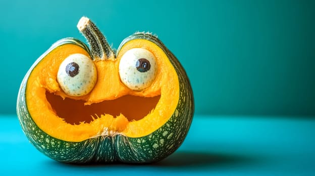 Green pumpkin with a funny face, perfect for halloween, adding whimsy to autumn. Bright colors contrast, creating a festive decoration. Goofy expression brings humor to any celebration