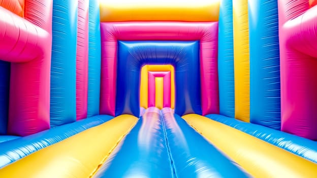 Vibrant inflatable structure with bright primary colors, designed for fun and recreation, awaits the excitement of children's play