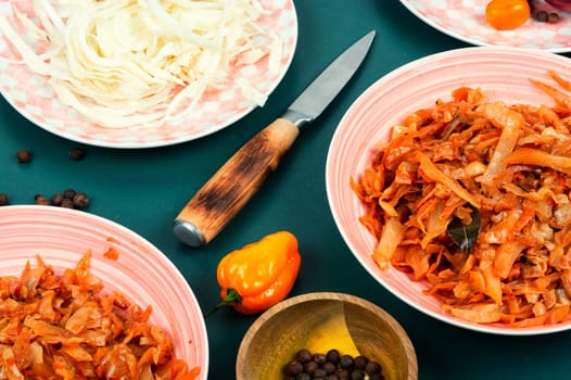 Yummy stewed cabbage on a plate. Polish cuisine. Vegetarian food.