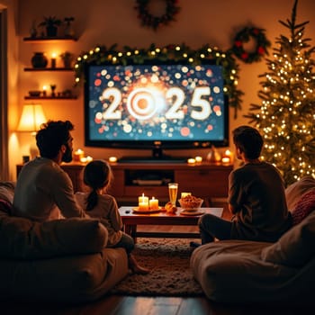 Family watching New Year 2025 celebration on TV in cozy living room decorated for holidays, with Christmas tree and festive atmosphere.