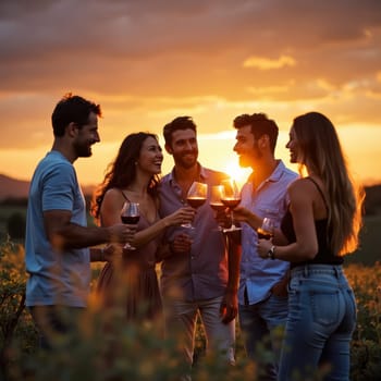 Group of happy friends enjoying wine and conversation in a picturesque vineyard at sunset, creating a warm and convivial atmosphere.
